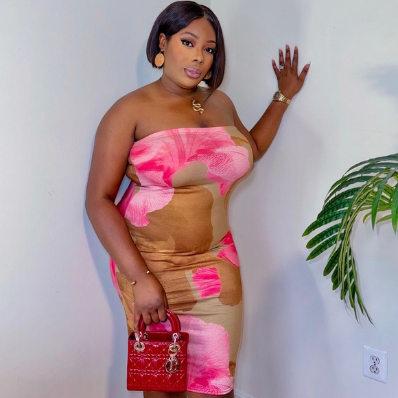 ABSTRACT FLORAL RIB BANDEAU MIDI DRESS - Picture 3 of 6